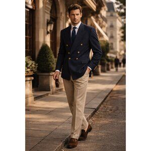 Vintage Pierre Cardin Navy Double Breasted Blazer Gold Crest Buttons Mens 44 USA